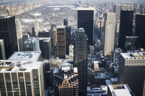 USA, New York City, View of Manhattan covered with snow, with Central Park in background. Photo :