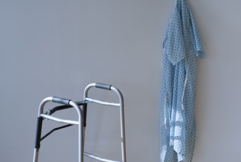 Walking frame and patients gown in hospital.
