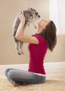 Young woman playing with schnauzer. Photo : Mike Kemp