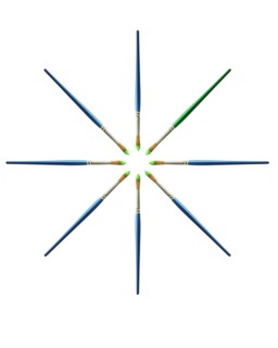 Blue paintbrushes in green paint on white background. Photo : David Arky