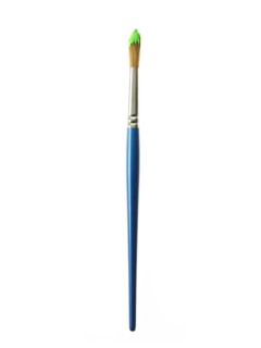 Blue paintbrush with green paint on white background. Photo : David Arky