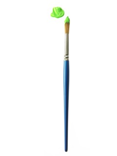 Blue paintbrush with green paint on white background. Photo : David Arky