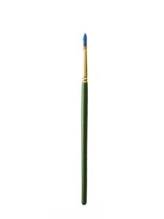 Green paintbrush with blue paint on white background. Photo : David Arky