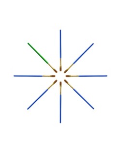 Blue paintbrushes with one green on white background. Photo : David Arky