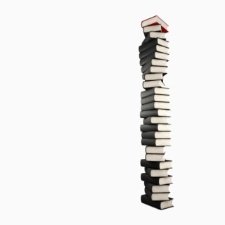 Stack of grey books and one red. Photo : Jon Boyes