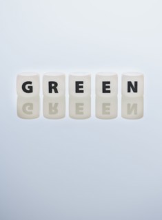 Studio shot of dice spelling out green. Photo: Daniel Grill