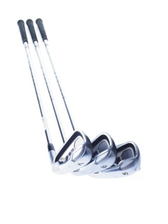 Three golf clubs on white background. Photo : David Arky