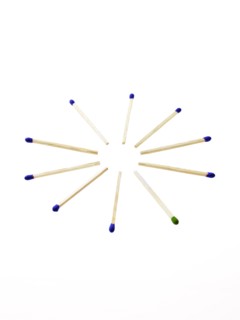 Blue matches with one green on white background. Photo : David Arky
