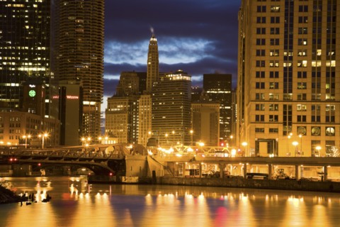 USA, Illinois, Chicago skyline illuminated at night. Photo: Henryk Sadura