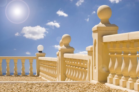 Mediterranean Terrace with Sea, Blue Sky and Cloudscape Backdrop