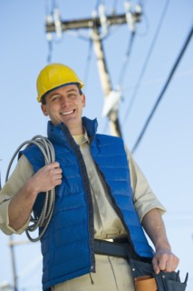 USA, New Jersey, Jersey City, electrician at work.