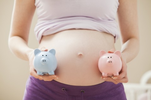 Young pregnant woman holding blue and pink piggybanks. Photo: Mike Kemp