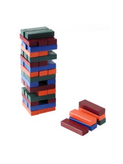 Studio shot of colorful wooden jenga blocks. Photo : David Arky