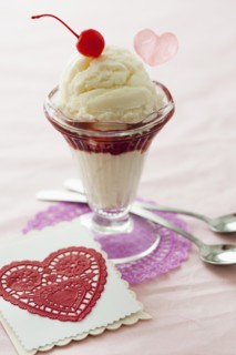 Close up of ice cream dessert with cherry on top and heart shaped cut-out.