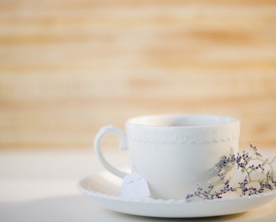 Cup and saucer decorated with herb. Photo : Jamie Grill Photography