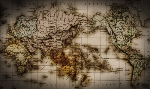 Close up of antique world map.