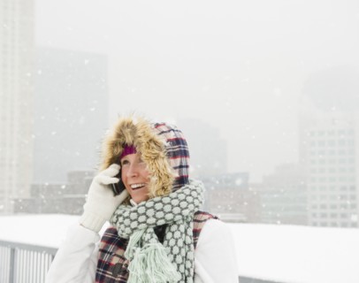 Jersey City, New Jersey, portrait of woman talking on mobile phone. Photo: Jamie Grill Photography