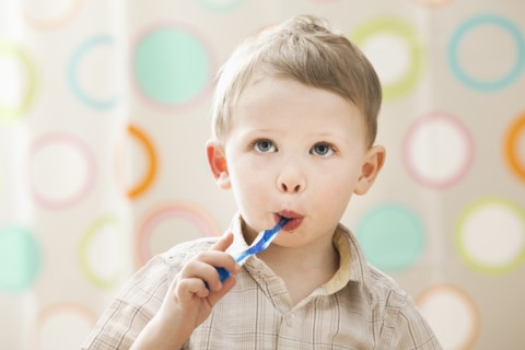 Boy (2-3) brushing teeth. Photo : Mike Kemp