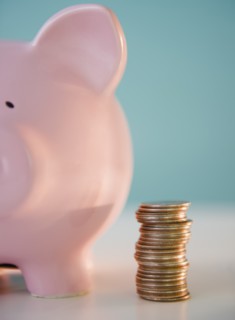 Piggy bank and stack of coins. Photo: Jamie Grill Photography