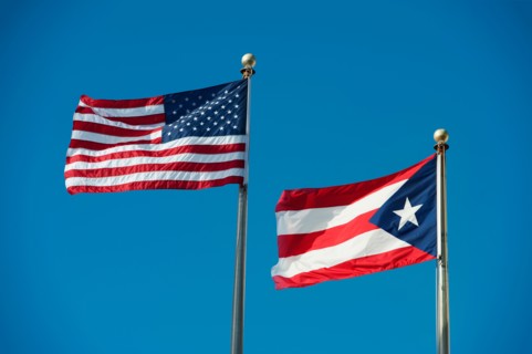 Puerto Rico, Old San Juan, flags of the USA and Puerto Rico.