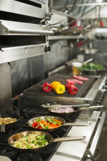 Food in commercial kitchen.