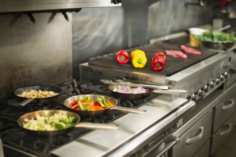Food in commercial kitchen.