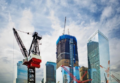 USA, New York, New York City, Modern skyscrapers under construction at Ground Zero.