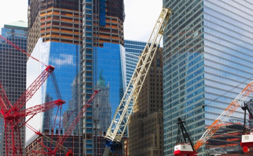 USA, New York, New York City, Modern skyscrapers under construction at Ground Zero.