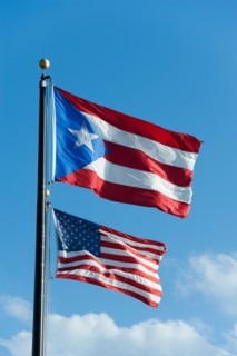 Puerto Rico, Old San Juan, flags of the USA and Puerto Rico.