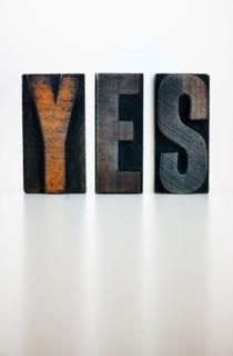 Wooden letter blocks spelling 'yes' studio shot.