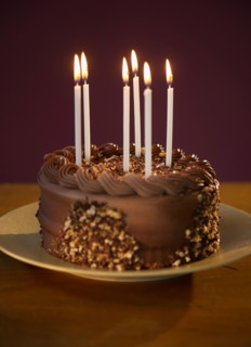 Studio shot of chocolate birthday cake.