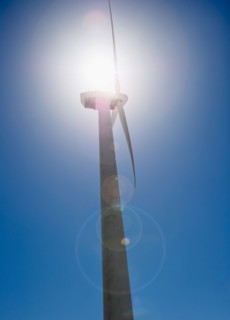 USA, California, Palm Springs, Coachella Valley, San Gorgonio Pass, Wind turbine against blue sky