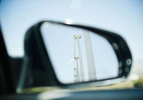 USA , California, Palm Springs, Coachella Valley, San Gorgonio Pass, Wind turbine reflecting in