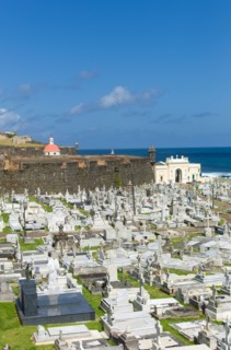 Puerto Rico, Old San Juan, View of Santa Maria Magdalena Cemetery with El Morro Fortress.