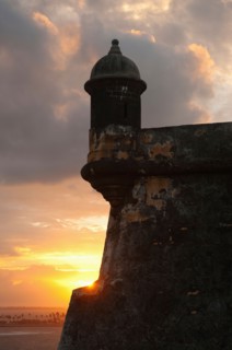 Puerto Rico, Old San Juan, Fort San Felipe del Morro at sunset.
