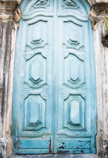 Brazil, Bahia, Salvador De Bahia, Close-up on blue carving door. Photo : Jamie Grill Photography