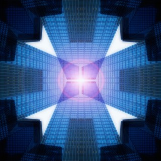USA, New York, New York City, upward view of skyscrapers in abstract geometric shape.