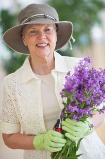 Portrait of smiling senior woman wearing gardening gloves, holding bunch of purple flowers.