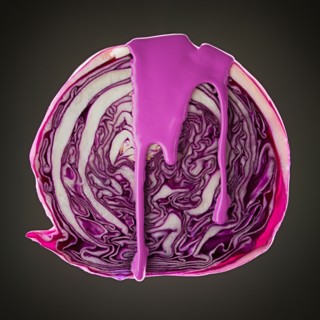 Studio shot of red cabbage covered with purple paint. Photo : Mike Kemp
