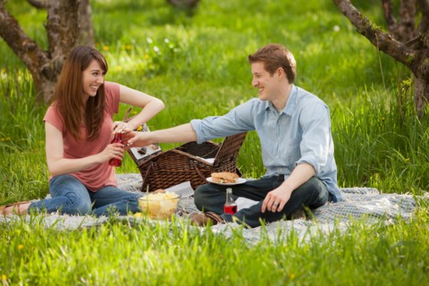 USA, Utah, Provo, Young couple having picnic in orchard. Photo : Mike Kemp