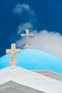 Greece, Cyclades Islands, Mykonos, Church dome with cross.