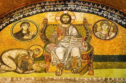 Turkey, Istanbul, Mosaic of Leo VI kneeling before Jesus in Haghia Sophia Mosque .