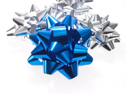 Studio shot of Blue and Silver Ribbon on white background. Photo : David Arky
