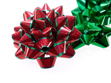 Studio shot of Red and Green Ribbon on white background. Photo : David Arky
