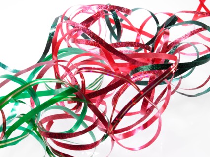 Studio shot of Red and Green Ribbon on white background. Photo : David Arky