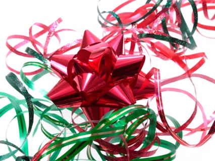Studio shot of Red and Green Ribbon on white background. Photo : David Arky
