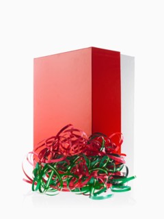 Studio shot of red Christmas presents with ribbons. Photo : David Arky
