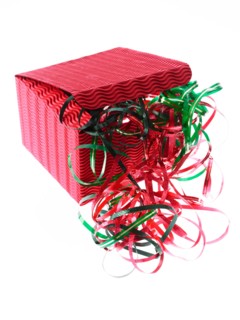 Studio shot of Red and Green Ribbon and Red Box on white background. Photo : David Arky