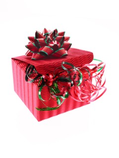 Studio shot of Red Box and Red and Green Ribbon on white background. Photo : David Arky