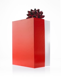 Studio shot of Red and Green Ribbon and Red Box on white background. Photo : David Arky